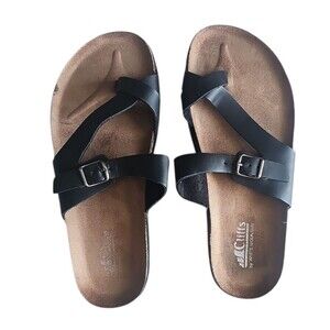 Cliff by White Mountain Black Faux Leather Sandals Sz 8.5 Adjustable Buckle